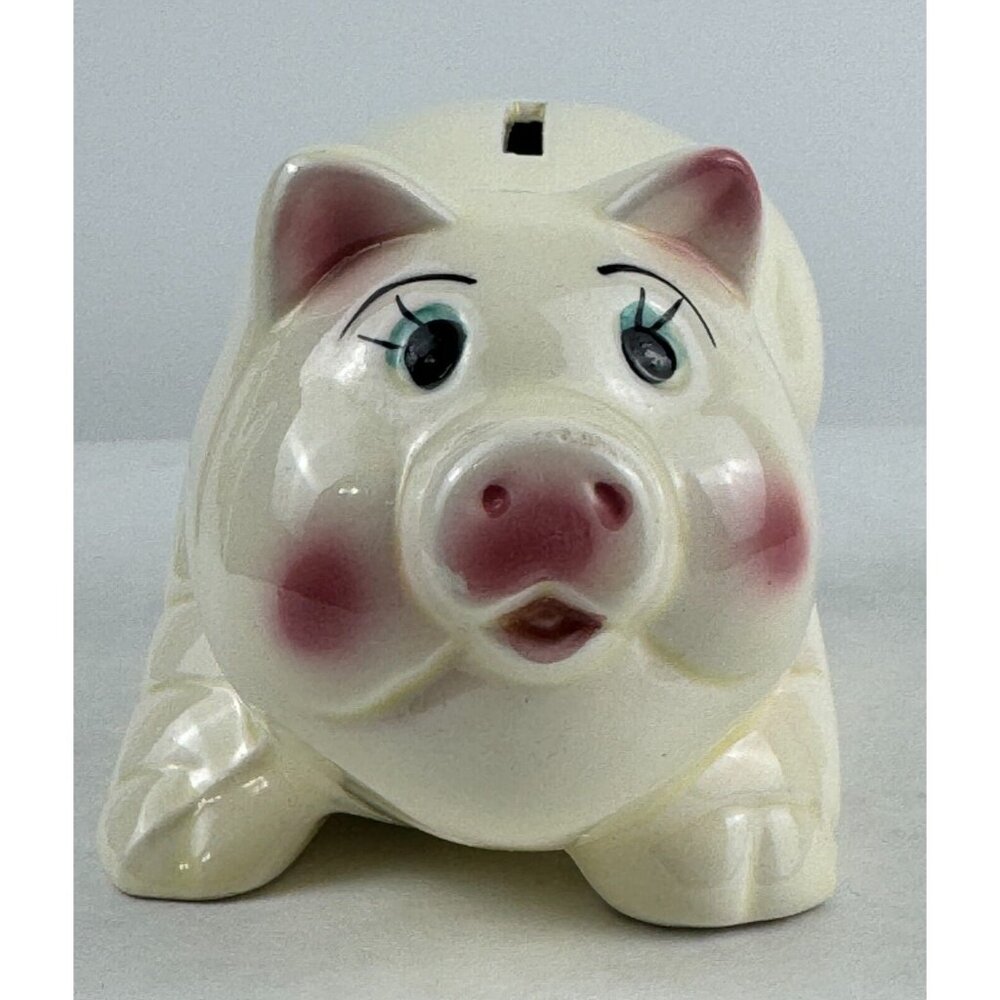 Vintage Ceramic Piggy Bank 6" Off-White Pink Cheeks Blue Eyes MCM Taiwan